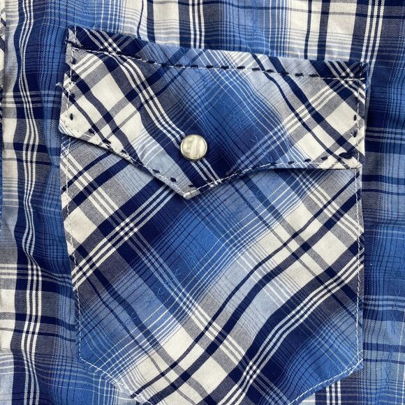 Wrangler Mens Western Shirt Large Blue Plaid With Pearl Snaps - Picture 6 of 9
